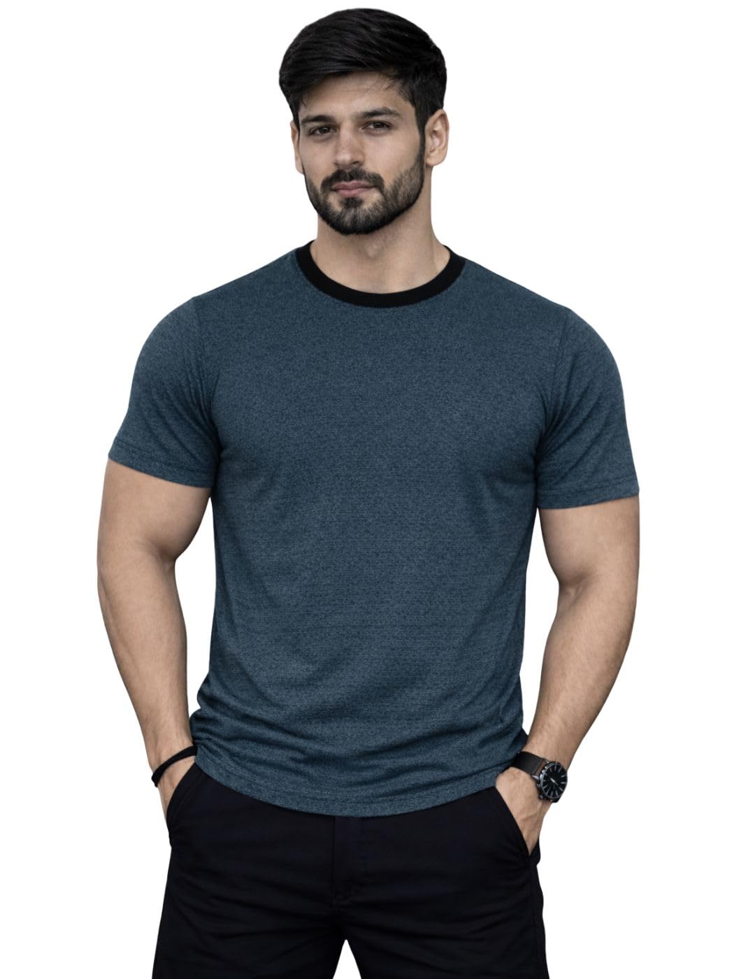 Men’s Textured T-Shirt | Slim Fit Gym & Training Tee | Breathable Stretch Fabric | Round Neck Sports Wear for Workout-M8067-image-27