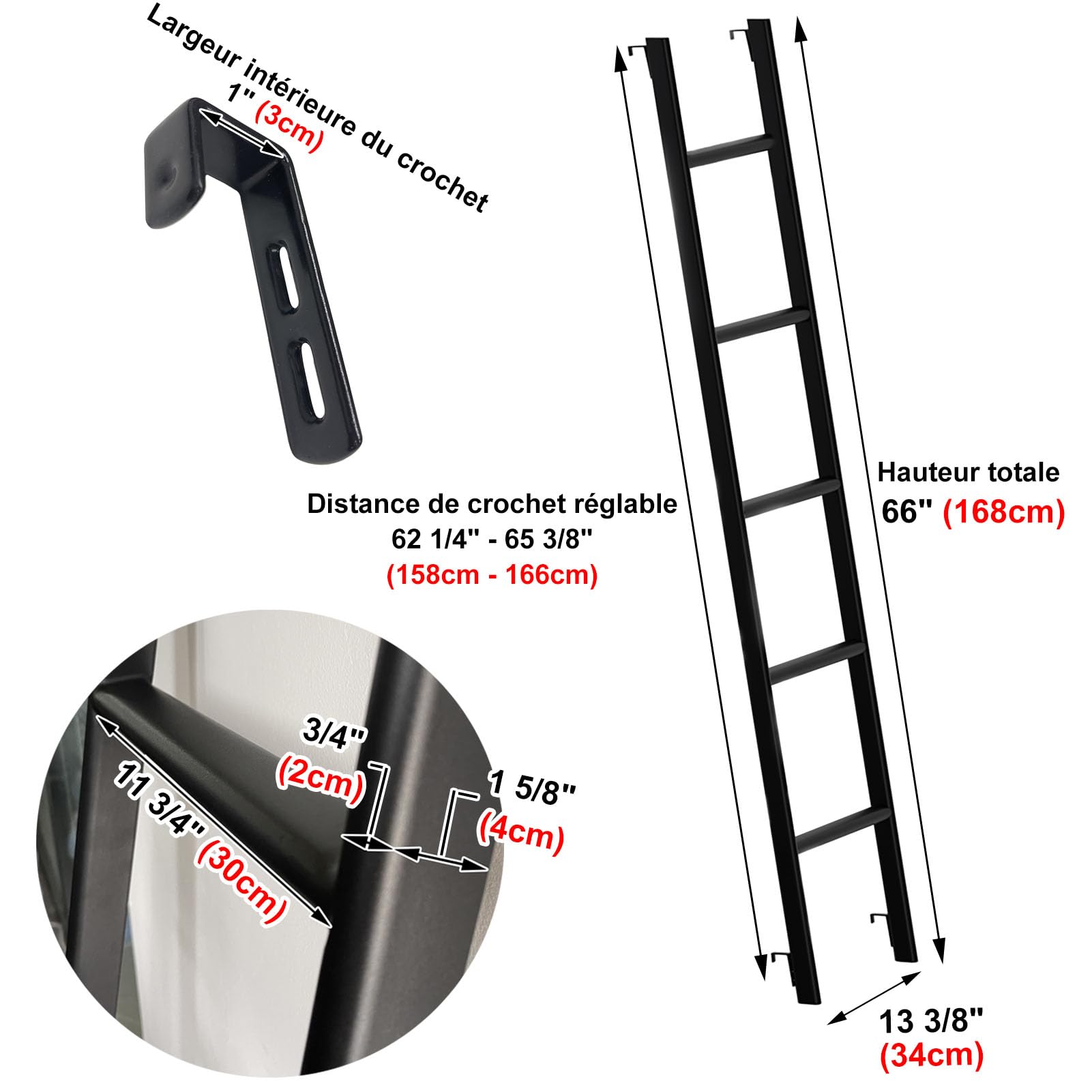 Échelle Robuste pour Couchette de Camping-Car 127/140/152/168 cm, avec 4 Crochets et Embouts Antidérapants, Escalier Métallique pour Caravane, Maison ou Dortoir (168 cm, Noir)