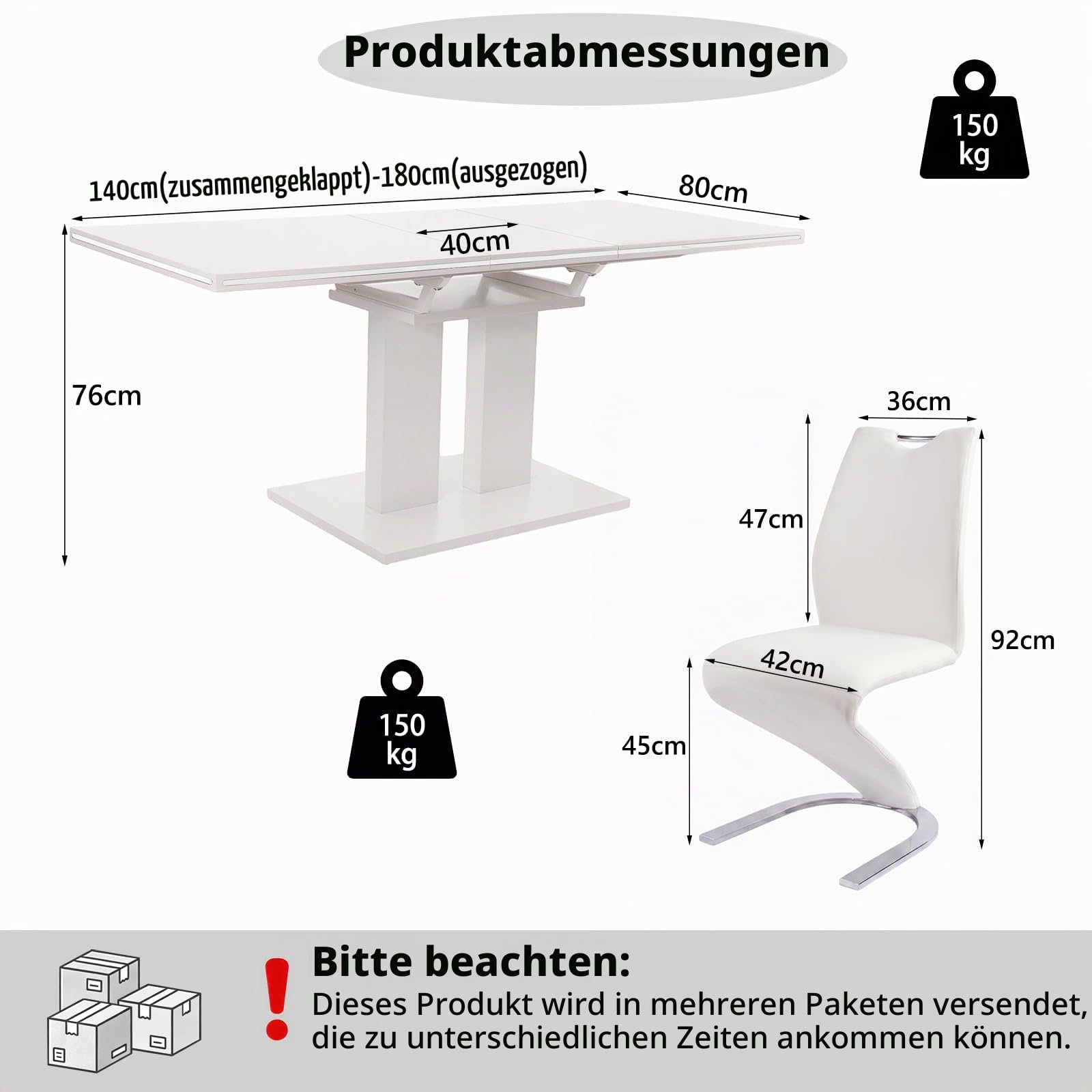 JIEXI Erweiterbarer Esstisch 7er Set, 140-180 cm Hochglanz Weiß Küchentisch mit 6 Weißen Z-förmigen Freischwingerstühlen, Moderner Säulentisch für das Wohnzimmer oder das Esszimmer Set