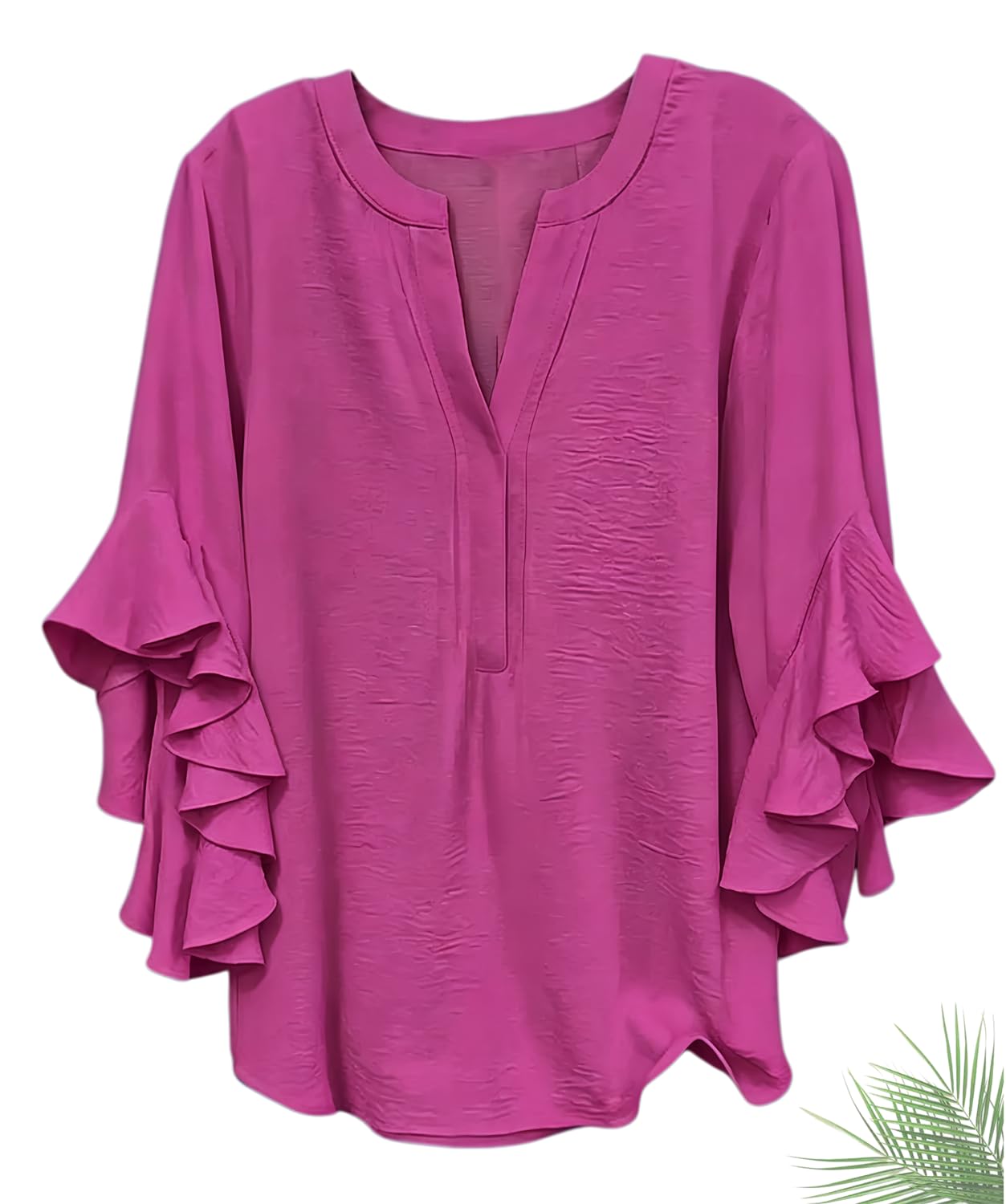 Blusa de Mujer de Tallas Grandes con Cuello en V, Mangas Tres Cuartos y Volantes, Color Liso, Estilo Casual y Holgado.