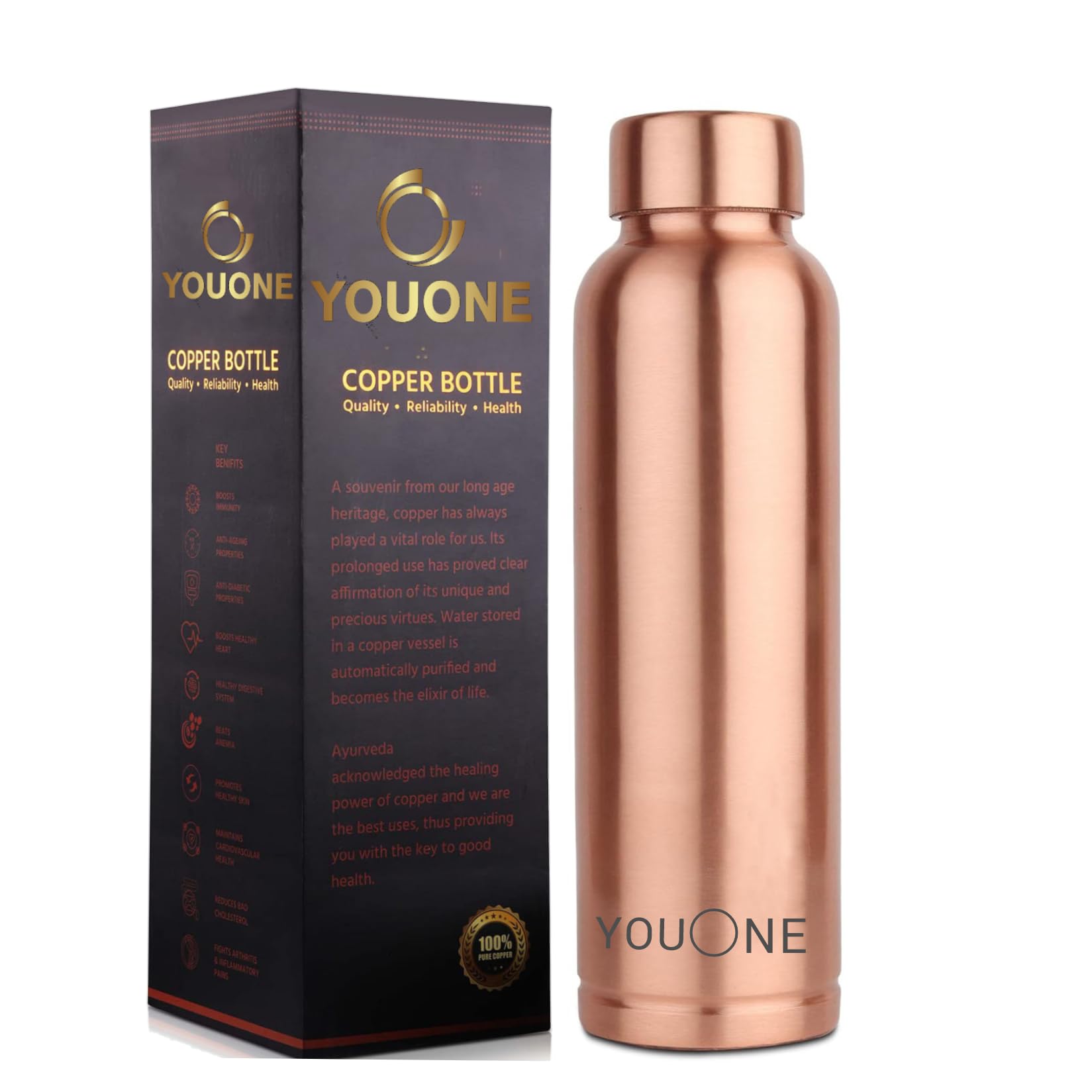 YOUONE Copper Bottle Ayurveda Inspired | 100% Pure Copper |Supports Digestive & Liver Health | Helps Enhance Immunity| Useful in Promoting Overall Health (Pack of 950 ml)