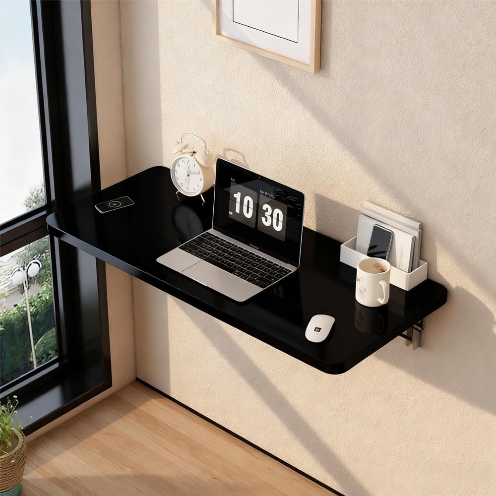 GDMDPTE Compact Folding Wall-Mounted Table Invisible Drop Leaf Desk for Kitchen & Laundry Space-Saving Shelf for Small Spaces (Black 100x40cm/39x16in)