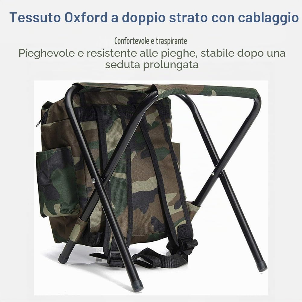 Sgabelli da Campeggio Pieghevoli per Esterni, Sedia da Campeggio Portatile in Tessuto Oxford con Zaino Carico Massimo 100kg per Pesca, Campeggio, Picnic, Barbecue, Mimetico