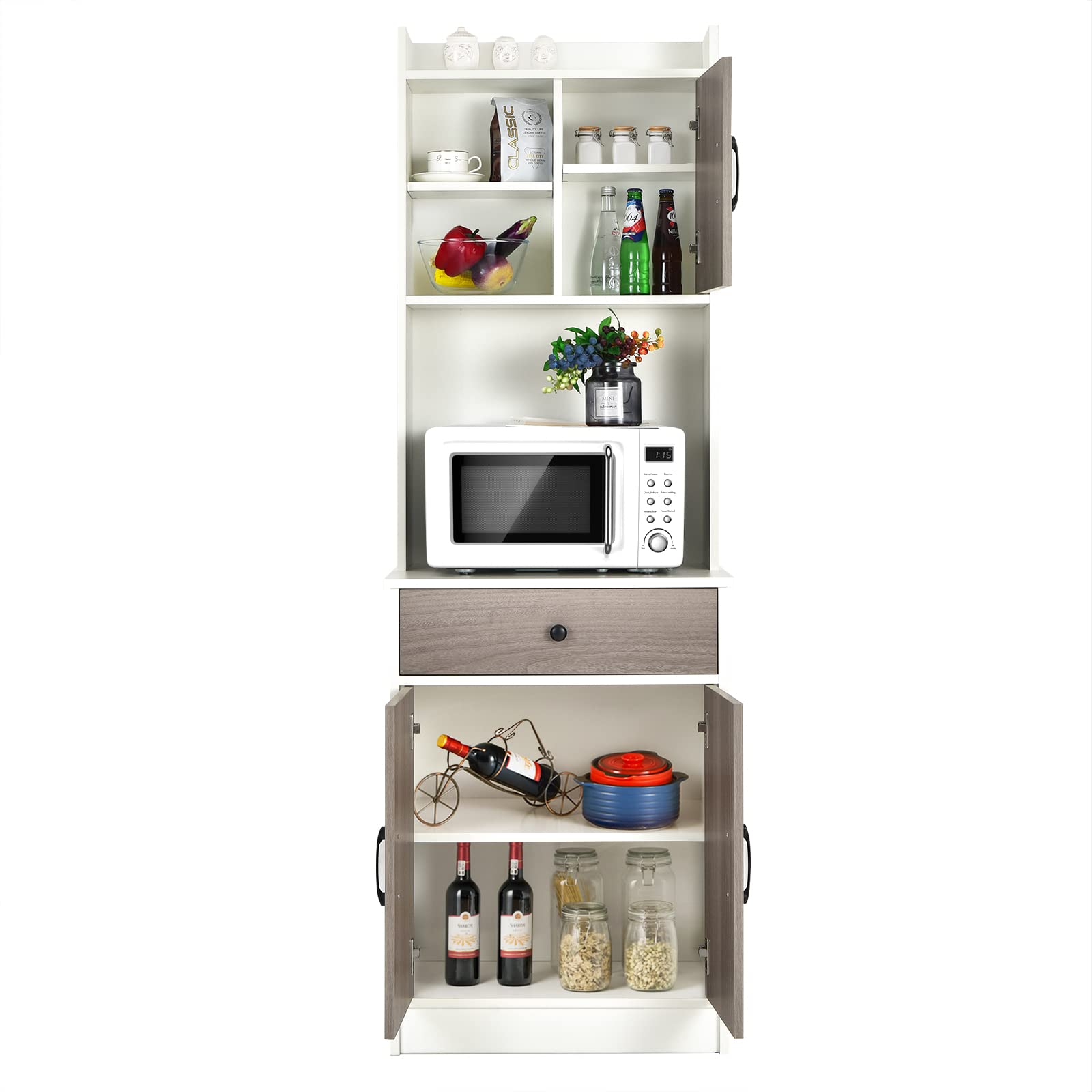 KOMFOTTEU Credenza Alta da Cucina 180 cm, Mobile Cucina Dispensa con Fori Cavi, Mobile Buffet con Ripiano Regolabile, 3 Ante e Cassetto, per Soggiorno, Sala da Pranzo, Bagno, 60 x 40 x 180 cm (Bianco)