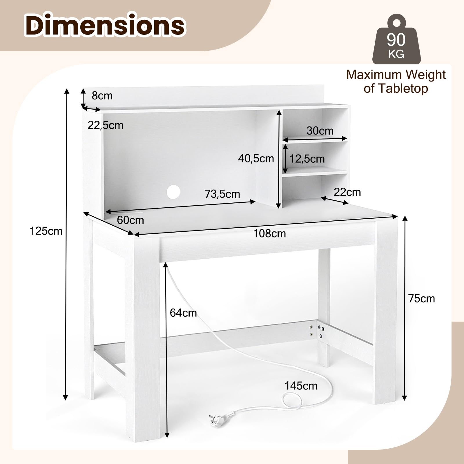 LIFEZEAL Scrivania con Libreria e Multipresa, Scrivania Porta Computer, PC, in Legno, 108x60cm, Ampio Spazio, Tavolo Postazione di Lavoro, per Ufficio, Studio, Moderno, Salvaspazio, Max 140kg (bianco)