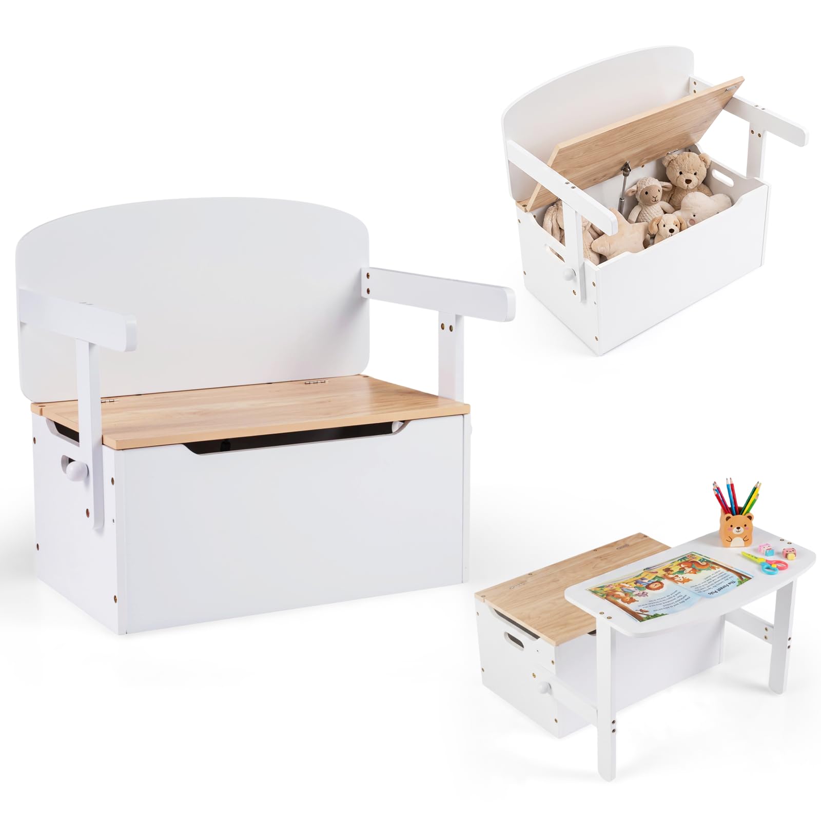 Kids Table and Chair Set, 3 in 1 Convertible Wooden Toy Box Storage Bench with Handle, Toddler Organizer Cabinet Furniture Set Gift for Daycare Playroom Boys Girls (Beige)
