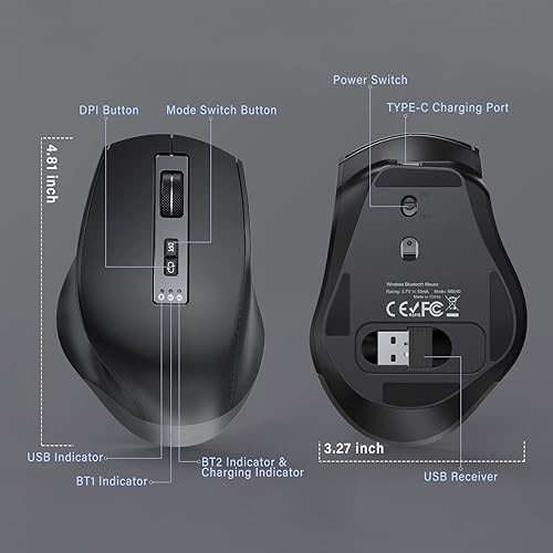 Miniatura 6 de Mouse Bluetooth, mouse inalámbrico recargable con diseño ergonómico, mouse portátil para computadora, mouse silencioso multidispositivo para laptop,