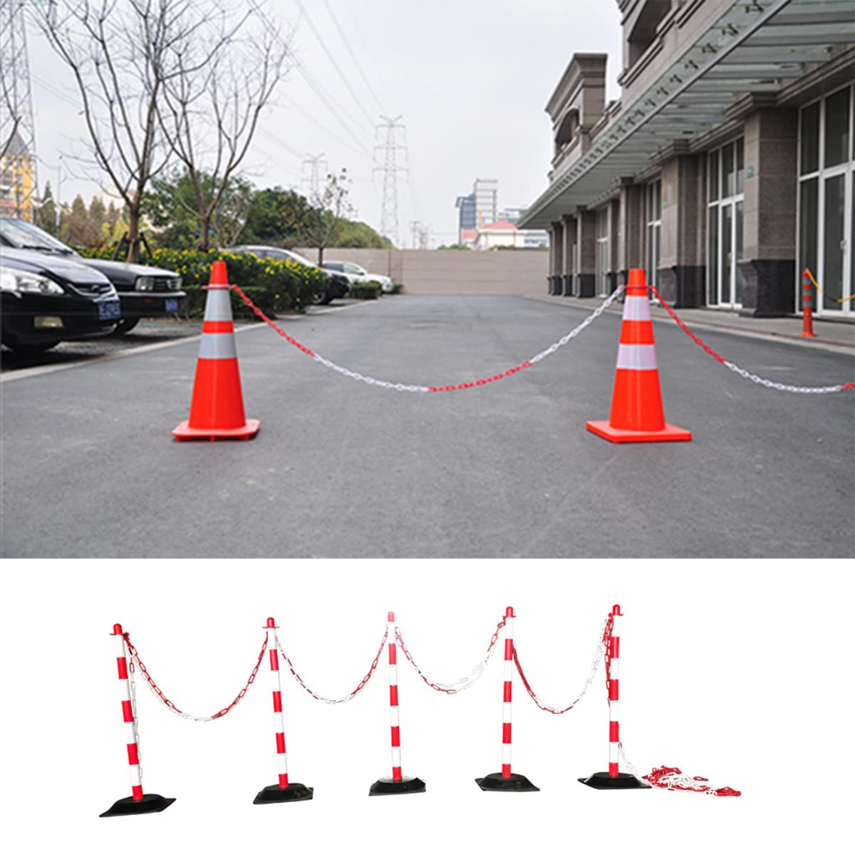 MACHSWON Cadenas de plástico de 12,5 m x 10 mm, cadena de seguridad de plástico, poste de advertencia, cadena de aislamiento para instalaciones de transporte, valla decorativa de jardín, rojo y blanco