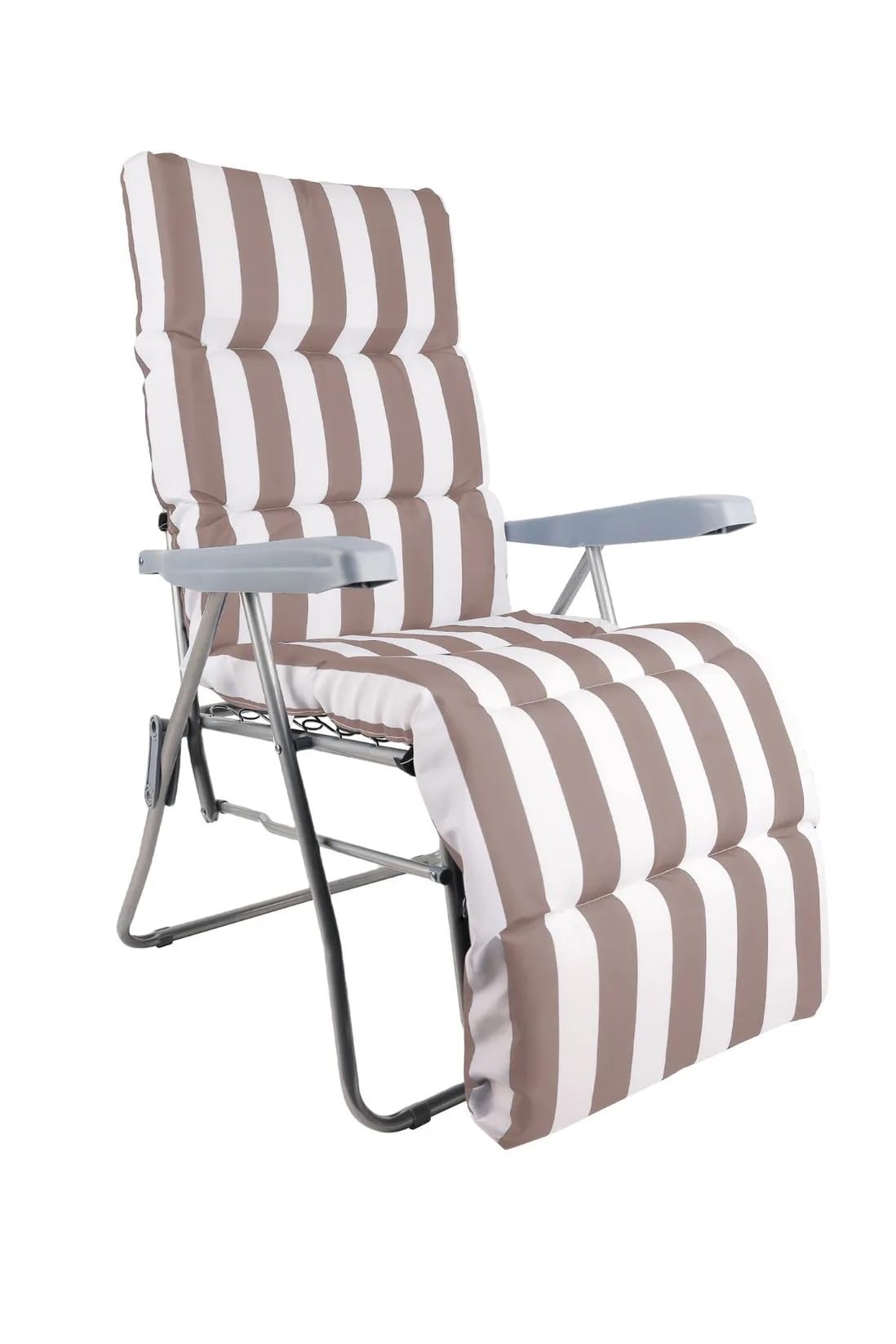Adjustable Zero Gravity Garden Recliner Chair with Removable Striped Cushion, Folding Outdoor Sun Lounger for Patio, Balcony & Camping, Portable Heavy Duty Steel Frame, Max Capacity 150kg (Natural)