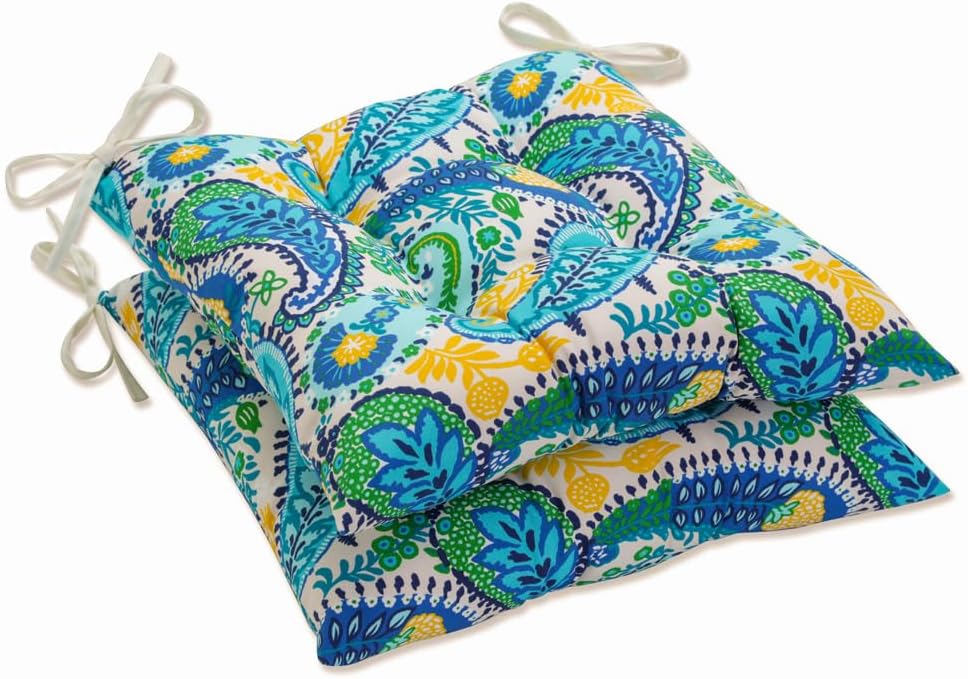 Pillow Perfect Paisley Indoor/Outdoor Chair Seat Cushion with Ties, Tufted, Weather, and Fade Resistant, 18.5