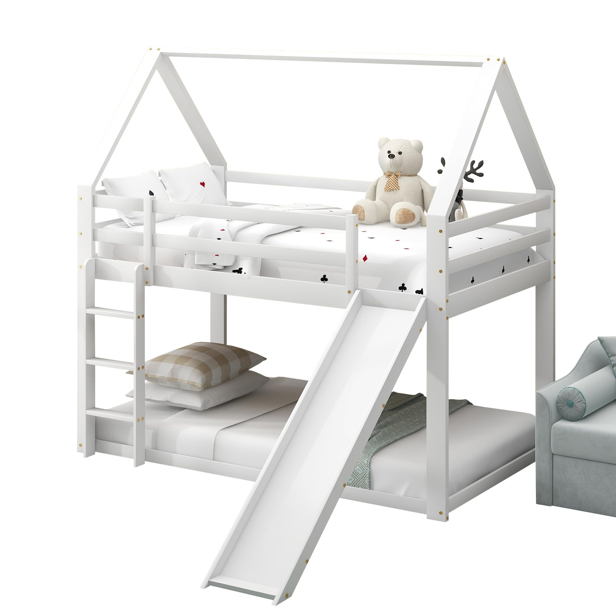 Cama infantil de 90 x 200 cm, litera con 2 camas para dormir, somier, escalera y tobogán, cama de madera de pino, incluye protección anticaída (blanco, 90 x 200 cm)
