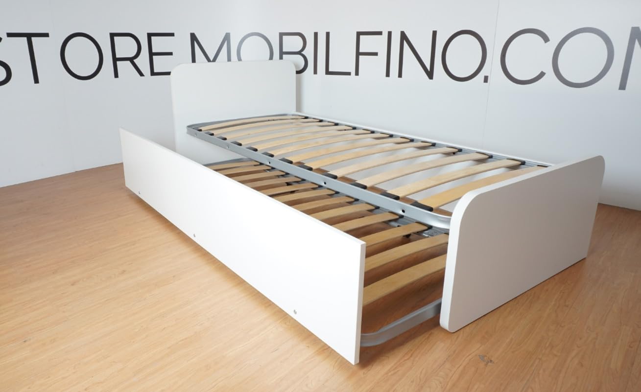 Letto Singolo con Letto Estraibile, trasformabile in Matrimoniale. Testate Personalizzabili, reti in Acciaio e doghe in faggio - Testate Alte, Bianco