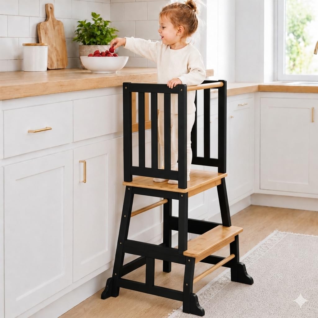 COSYLAND Toddler Standing Tower for Kitchen - Wooden Nursery Step Stool for Kids - Solid Learning Stool Kitchen Counter Helper Step Stool for Kids (Black&Natural)