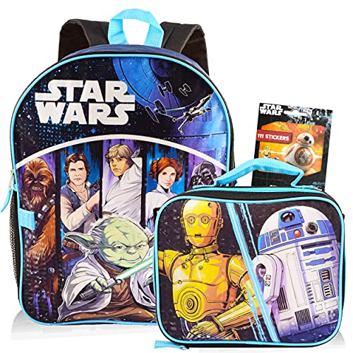 Star Wars Backpack with Lunchbox Set for Boys Kids ~ 3 Pc Bundle with Deluxe 16" Classic Star Wars Backpack, Insulated Lunch Bag, And Stickers (Star Wars School Supplies)