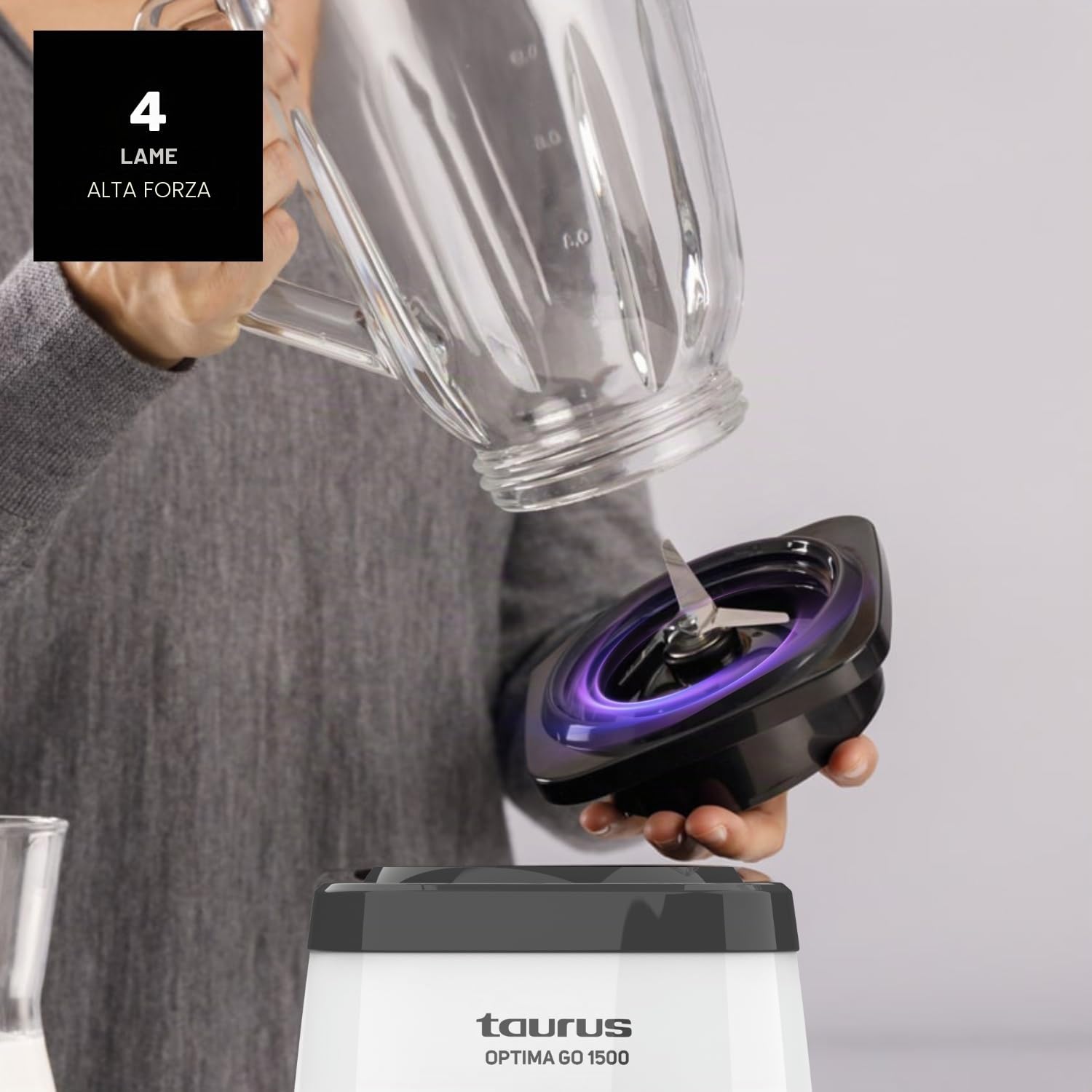Taurus - Frullatore a Bicchiere Optima Go 1500W | Bicchiere Portatile 500ml | Lame a 4 Fili | 2 Velocità + Turbo | Acciaio Inossidabile | Antiscivolo | Sistema di Sicurezza