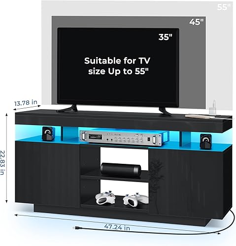 Miniatura 2 de HOMMPA Moderno soporte de TV LED para TV de 55/50/43/40/32 pulgadas con tomas de corriente, consolas de TV para juegos con centro de entretenimiento