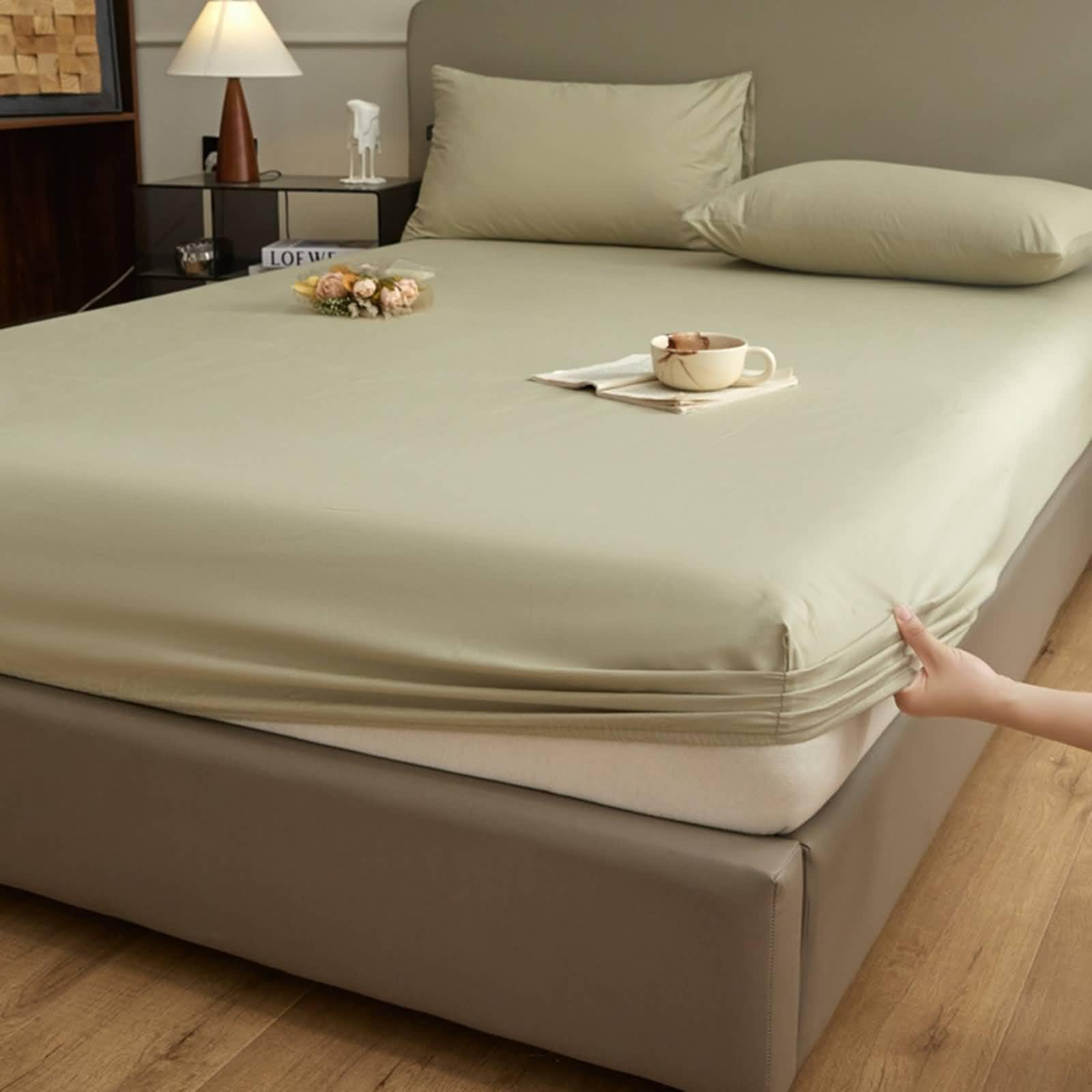 Bettlaken 90x200cm Spannbettlaken Boxspringbett, Spannbetttücher Baumwolle Einfarbig Hellgrün, Dicke Matratze bis 23cm