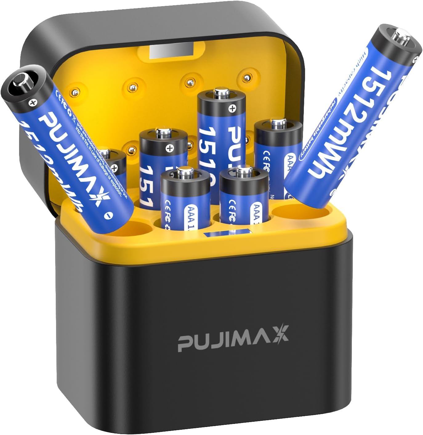PUJIMAX 8-slot USB-C charger with AAA batteries inserted, some charging and some ready for use.