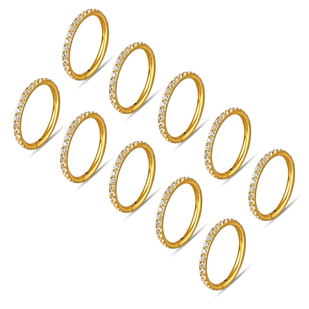 Paquete de 10 anillos de aro para tabique con circonita cúbica, 6G/1,2 x (6-8-10) mm, anillos de nariz de acero inoxidable quirúrgico, aretes de aro para cartílago, aretes de aro para roook,