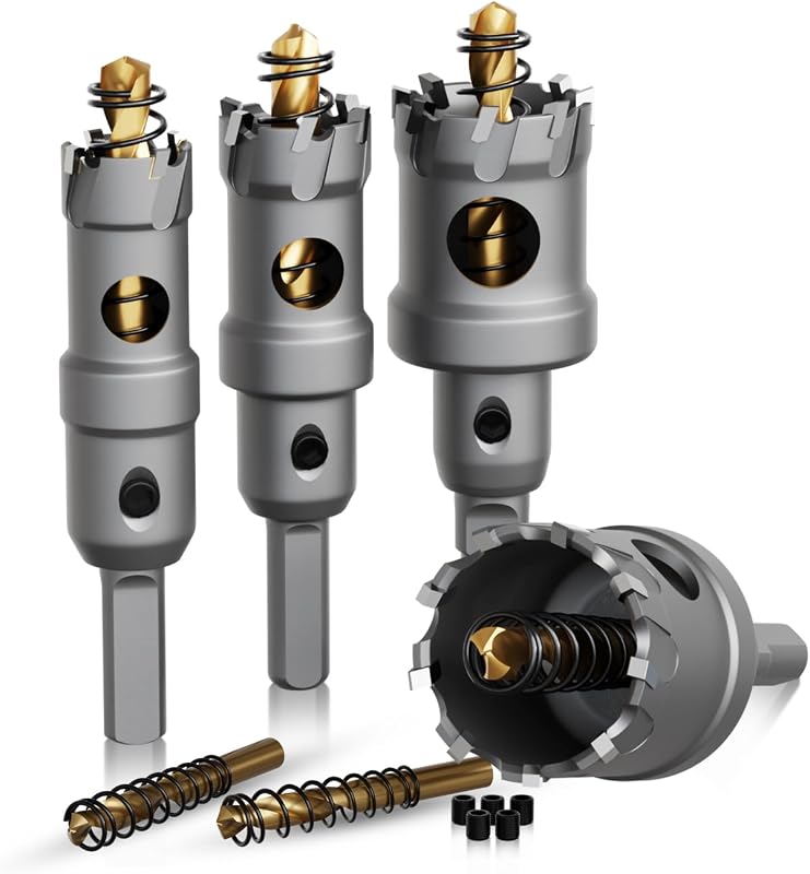 Sierra de Corona 6 PCS, Sierra de Corona para Metal, Cortadora de Corona TCT, 4 Sierras de Perforación con 2* Brocas Centrales Piloto Adicionales, 2* Resortes para Metal, Hierro y Acero Inoxidable
