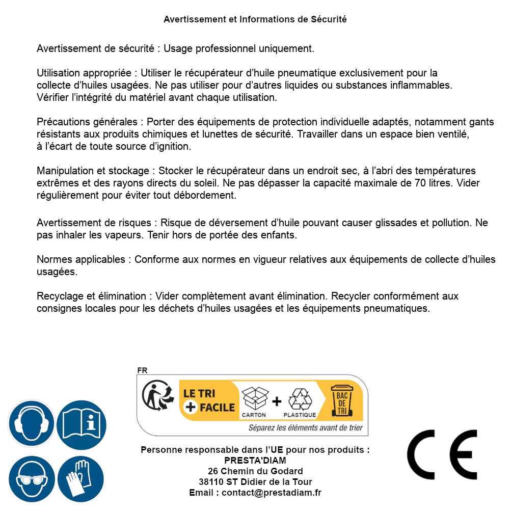D-Work Recuperatore di olio pneumatico 70 l, 45 x 92,5 x 49,5 cm, capacità significativa, mobilità facile