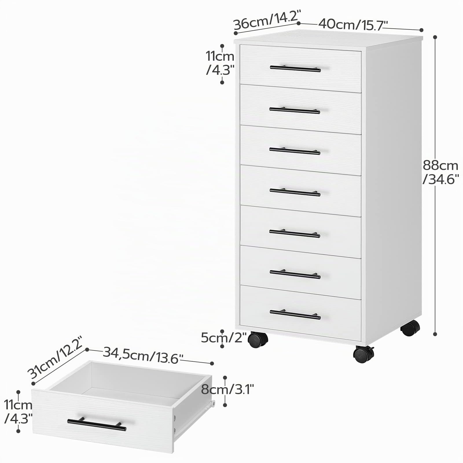 HOOBRO Cajonera con 7 Cajones, Archivador, Archivador de Madera, Armario de Oficina con Cajones, Armario de Almacenamiento, para Oficina en Casa, Montaje Sencillo, Blanco EWT07WJ01