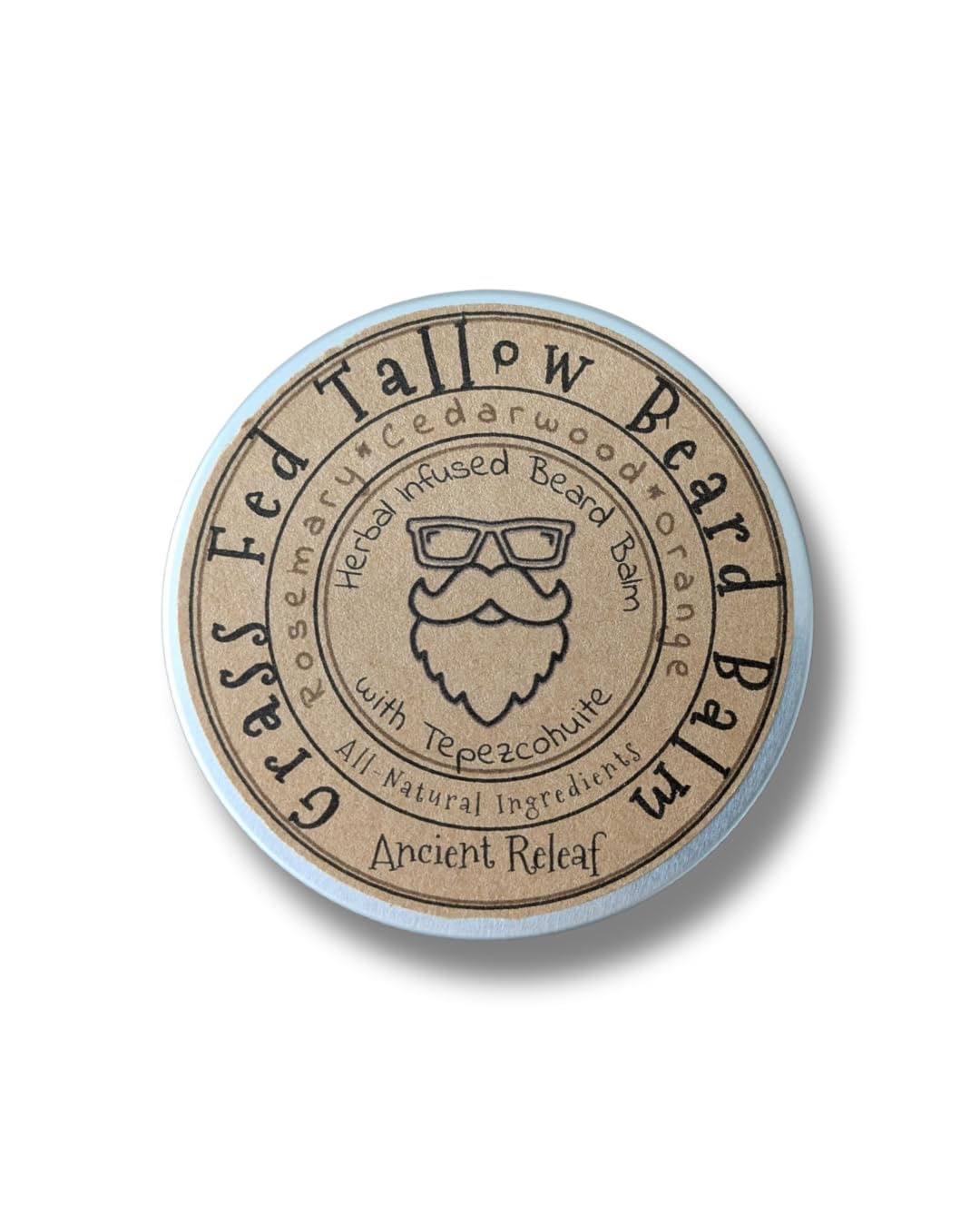 Ancient Releaf Grass-fed Beef Tallow Beard Balm, All-Natural, with Tepezcohuite, Mustache and Beard, Hydrating, Softening, 2oz. Tin, Scent: Rosemary, Cedarwood, Orange