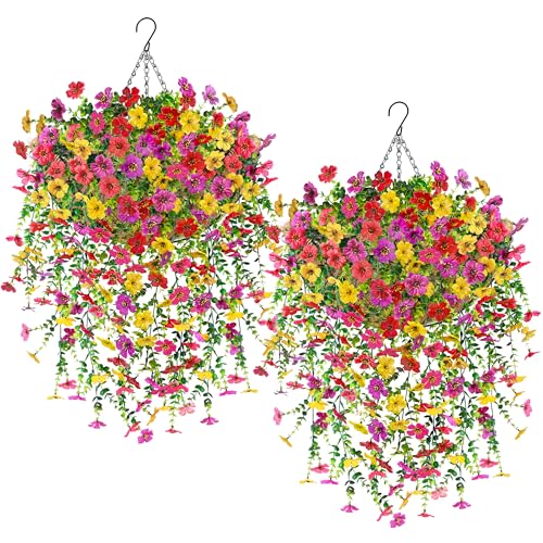 Der Rose 2Pcs Artificial Hanging Flower Basket for Outdoors Fake Hanging Flowers Plants with 4 Faux Silk Trailing Vines for Porch Patio Balcony Spring