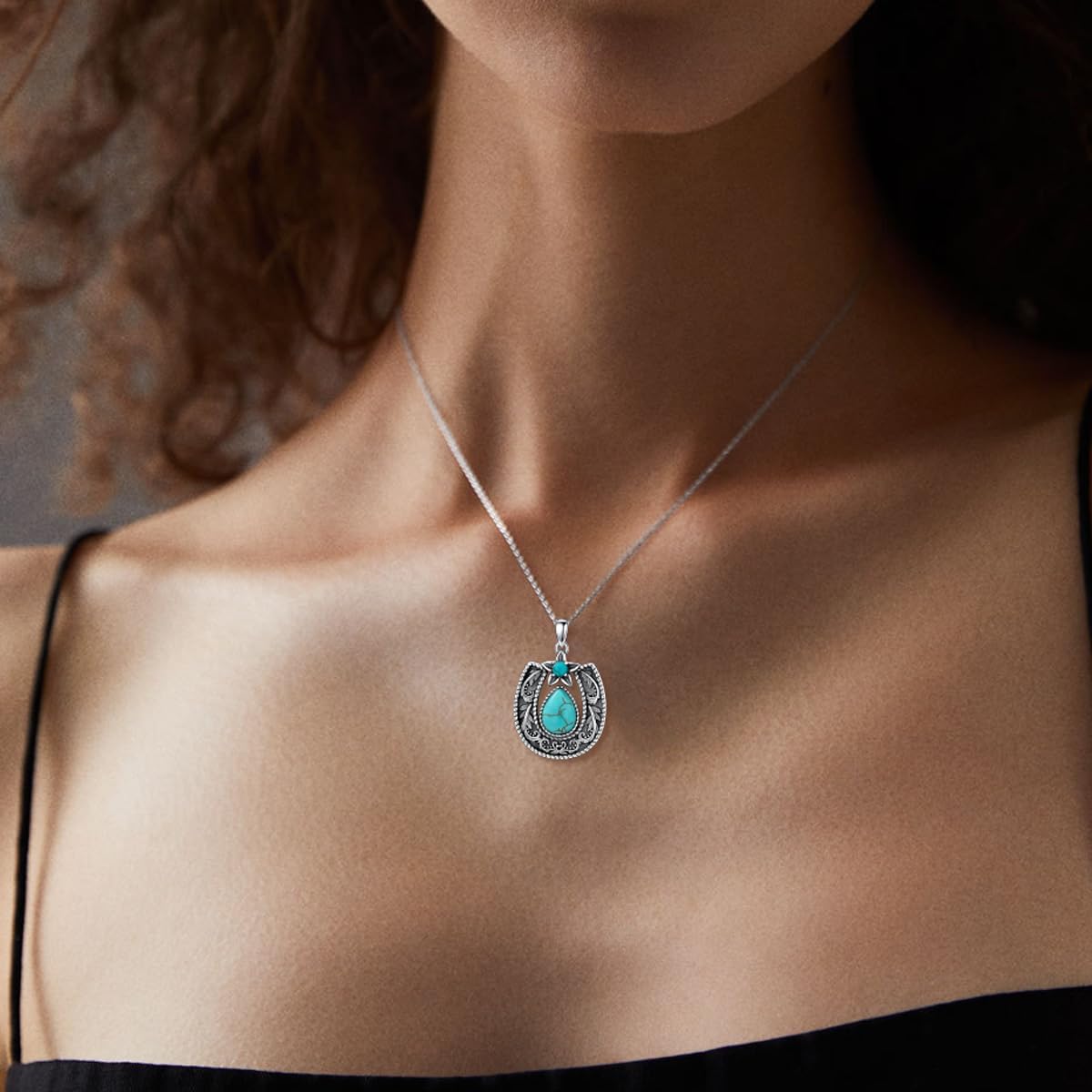 Western Gift Vintage Horseshoe with Natural Turquoise Necklace 925 Sterling Silver Horseshoe Necklace with 18+2 inch Chain for Cowgirl Women (Gift Box) - Image 5