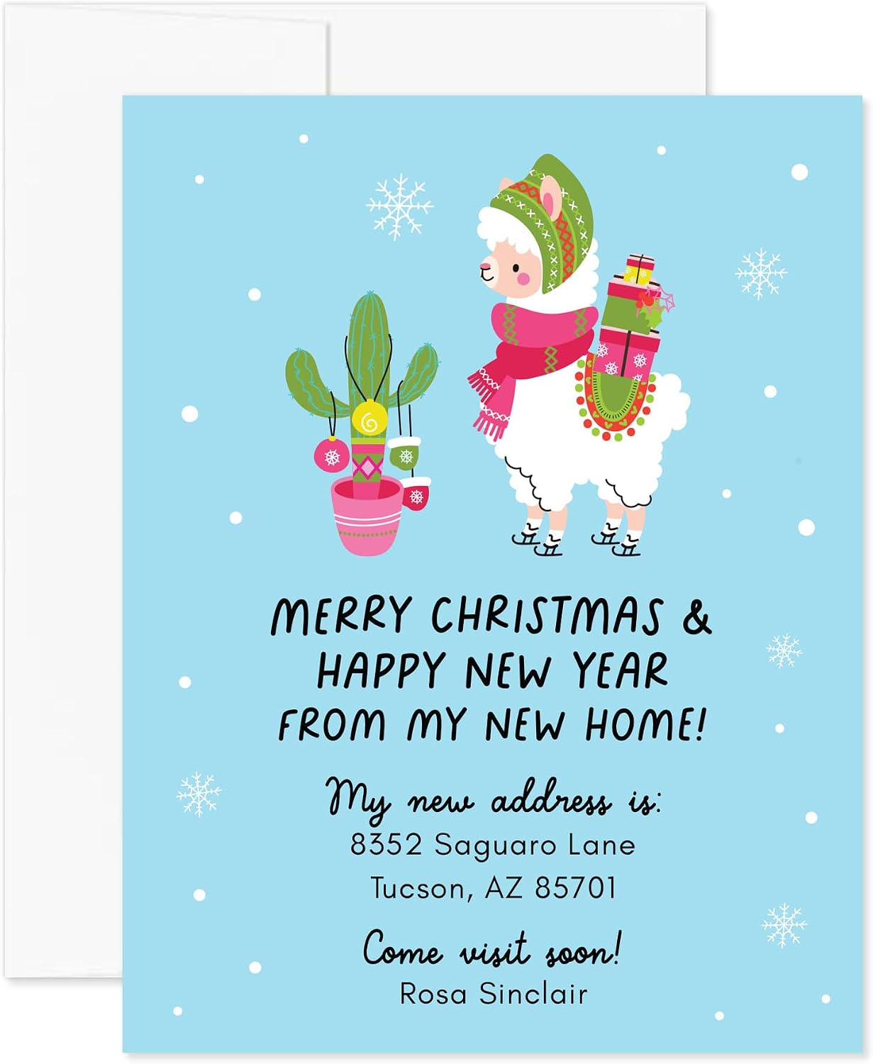 Cute Christmas Llama and Cactus Personalized Moving Announcement Notecards, FLAT 4.25x5.5 Winter Holiday New Home Address Cards with Envelopes