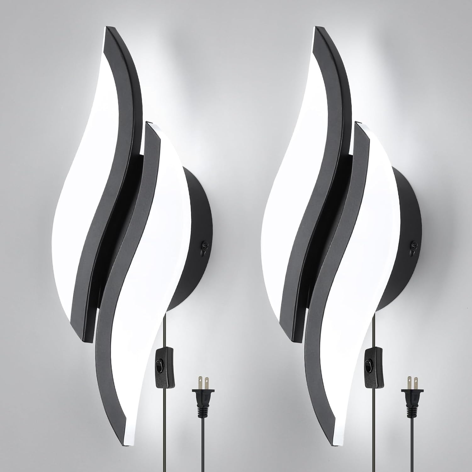 CANEOE Plug in Wall Sconces Set of Two 6000K Black Modern LED Wall Light Fixtures Acrylic Wall Sconce Lighting for Living Room Bedroom Bedside Bathroom Hallway Stairway Wall Lamp