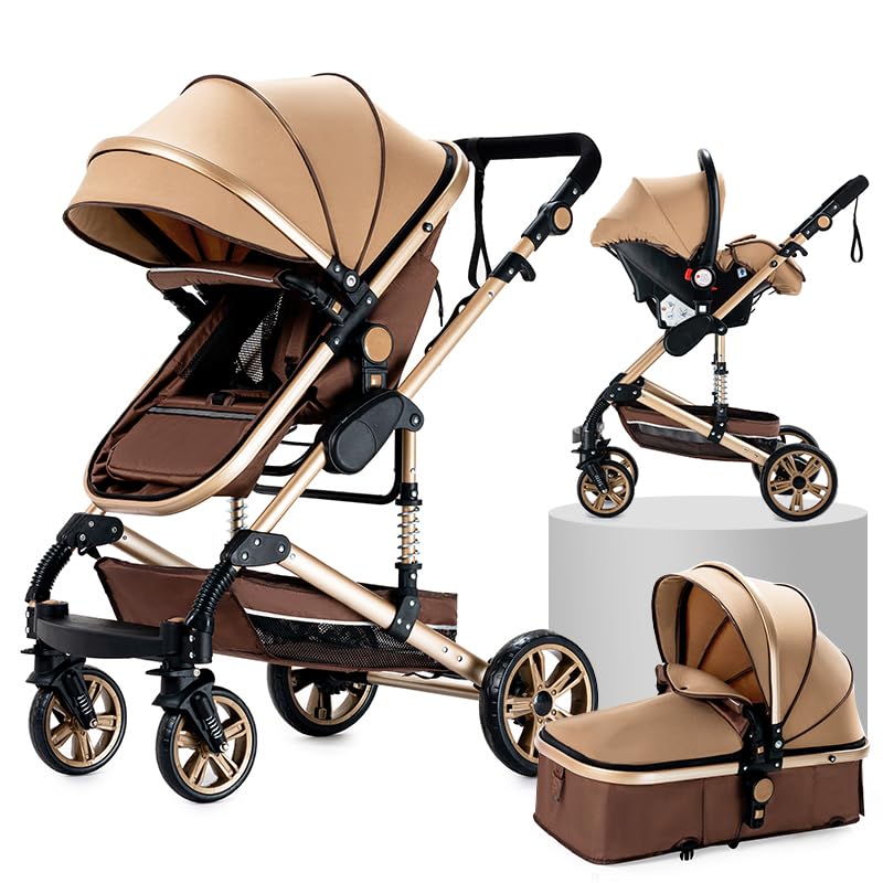 Aveainelle Cochecito 3 en 1, CochIT de Viaje Reclinable y Reversible, Carricoche Carro 3 Piezas Plegable con Un Solo Clic, Carrito con AccITorios Completos y Frenos DoblIT (739 Beige)