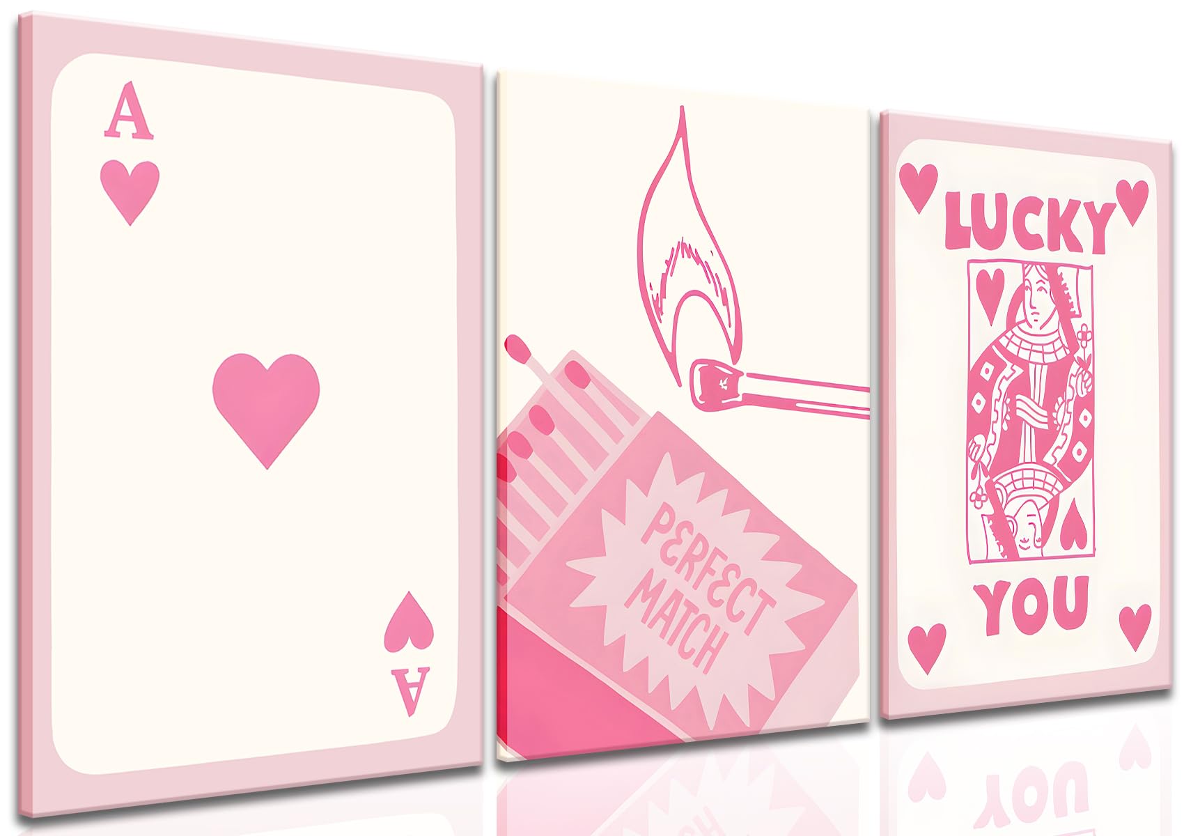 ZNHART 3Pcs Funny Pink Queen Wall Art of Hearts Poker Aesthetic Framed Lucky You Trendy Posters Casino Party Prints Painting Retro Picture Modern Preppy Wall Decor for Casino Girl Bedroom 16"x24"x3