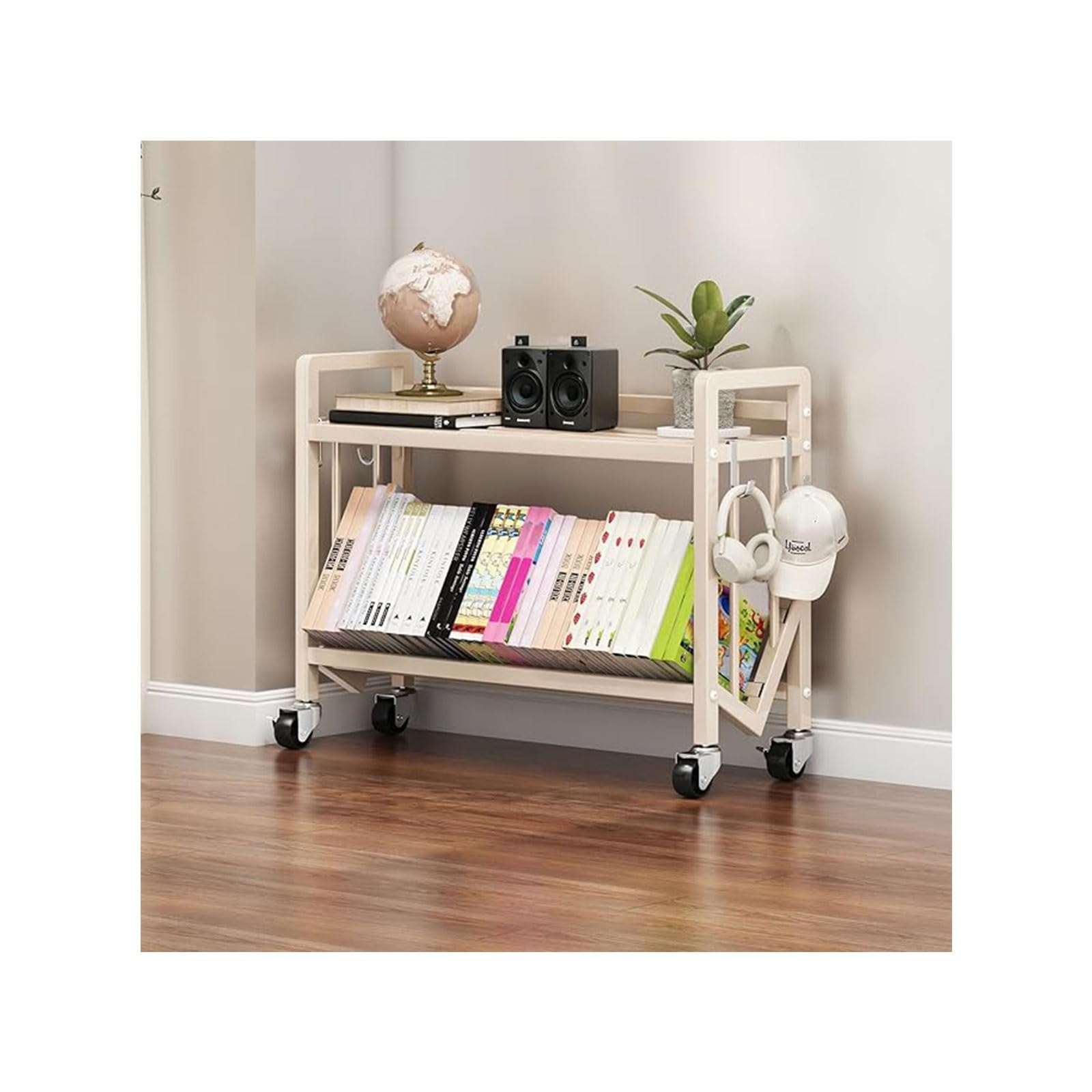 Book Carts with Wheels, Library Rolling Book Cart 2/3/4/5 Tier Movable Bookshelf Mobile Large Capacity L-Shaped Carbon Steel Organizer Rack for Office, Home, Classroom(White,2 Tiers-35.4x9.8x20.9in)