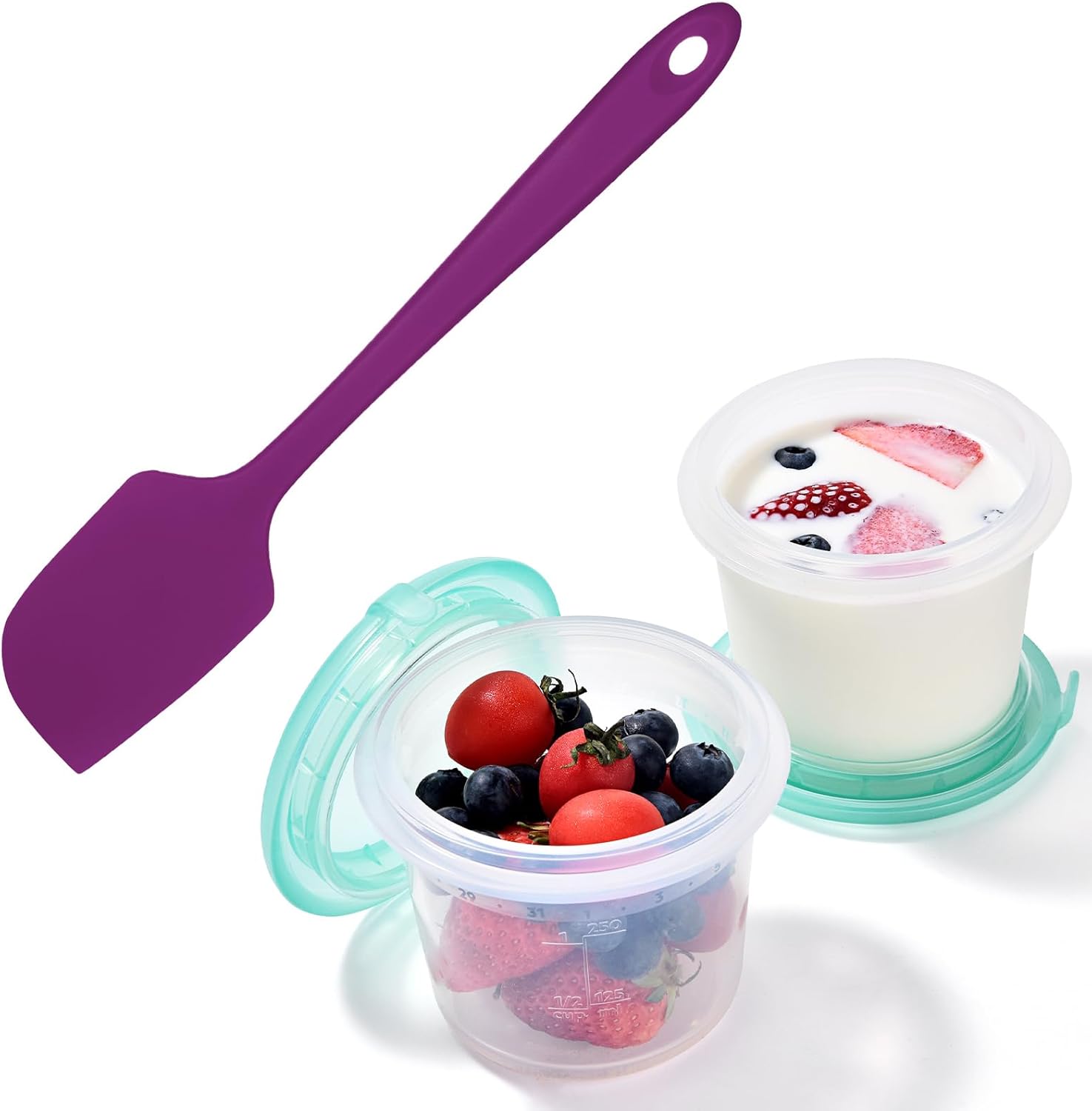 U-Taste 600ºF High Heat 11.38in Silicone Large Spatula (Purple) and 1 Cup Silicone Food Container Small Kitchen Storage with Airtight Lid Set of 2 (Aqua Sky)