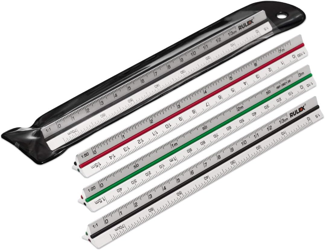 150mm mini silver metal triangular scale ruler with coloured stripes and scales: 1:1 & 1:5, 1:20 & 1:10, 1:50 & 1:100