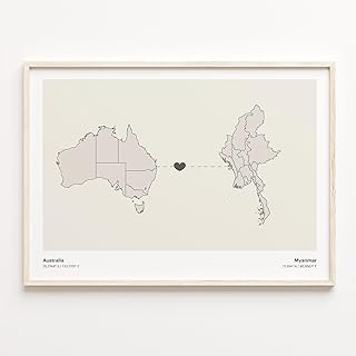 Australia to Myanmar Print, Mozambican Gift, Minimalistic Country Connection Map Poster, Travel Wall Art, Faraway Love