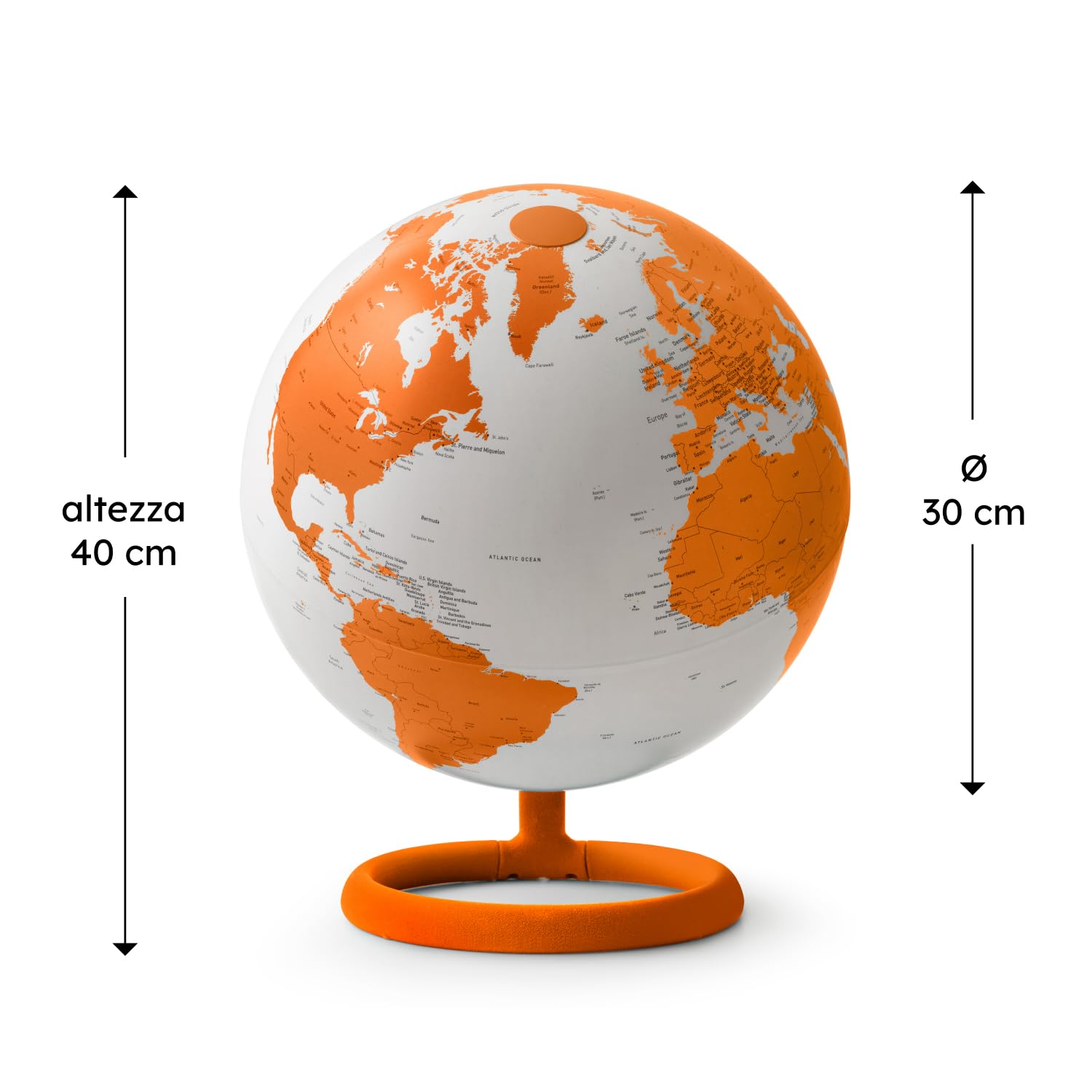 Tecnodidattica Atmosphere Evolve Velvet Corniola - Mappamondo dal Design Scandinavo con lampada a colori, Cartografia Politica in lingua inglese, Diametro 30 cm e Made in Italy