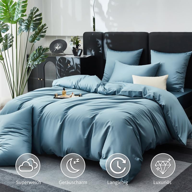 Gezu Mako Satin Bettwäsche 155x220cm Baumwollesatin Bettbezug Blau Petrol 3 Teilig Weich Atmungsaktiv Bettwäsche aus 100% Baumwolle Bettbezug 155x220cm und 2 Kissenbezug 80x80 mit Reißverschluss