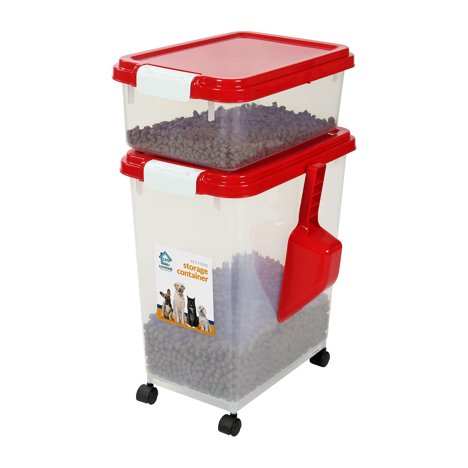 Livhome 3-Piece 50L Airtight Pet Food Storage Container Combo with Scoop and Treat Box for Dog Cat and Bird Food, Keep Pests Out, Translucent Body, Easy Mobility, Red โ image 1