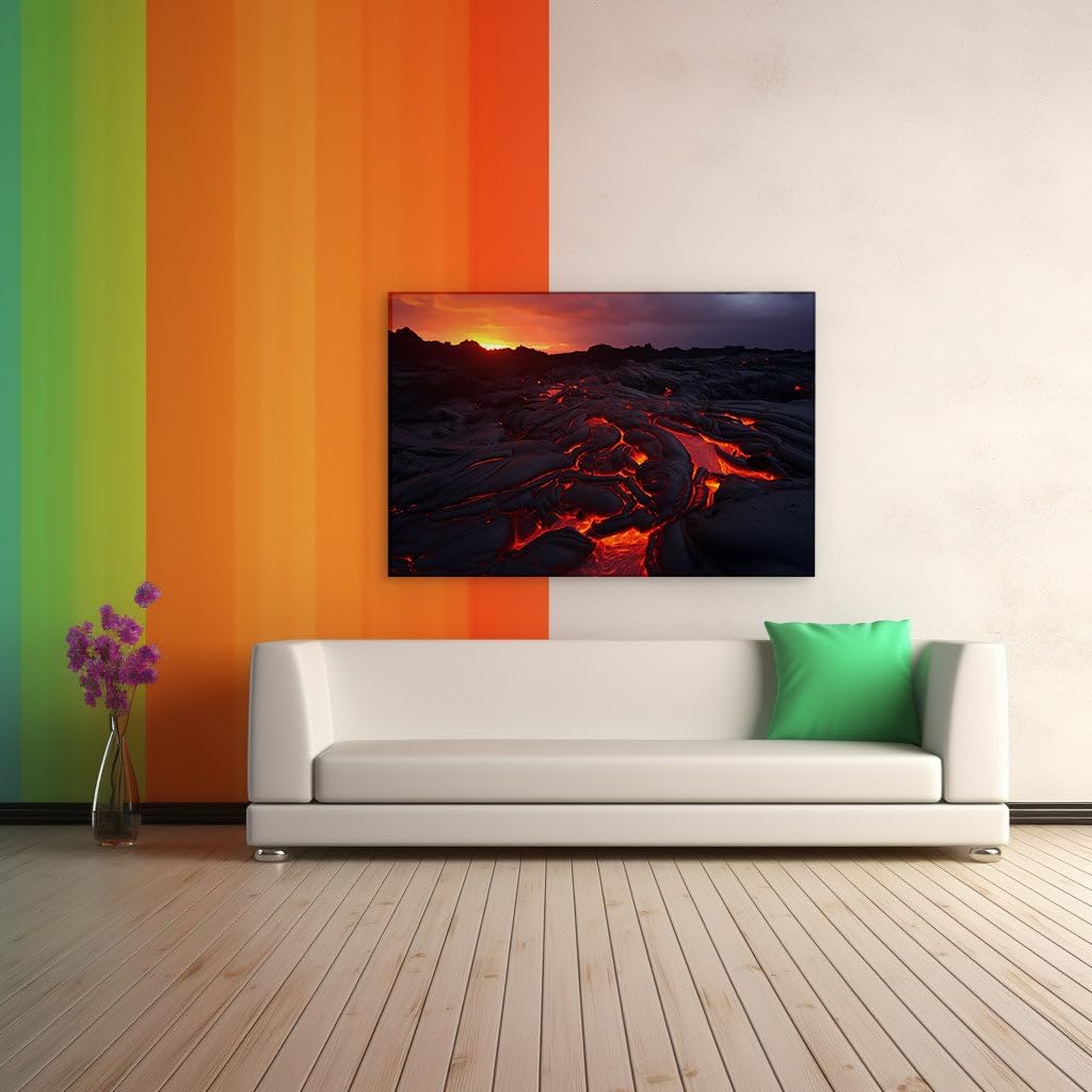 Canvas for Living room. Illuminated Fury: Nature�s Molten River Under a Sunset Sky, 27 x 18 inch Canvas Wall Art - Contemporary Masterpieces - Modern Home Decor - 69x46 cm (27x18 inch)