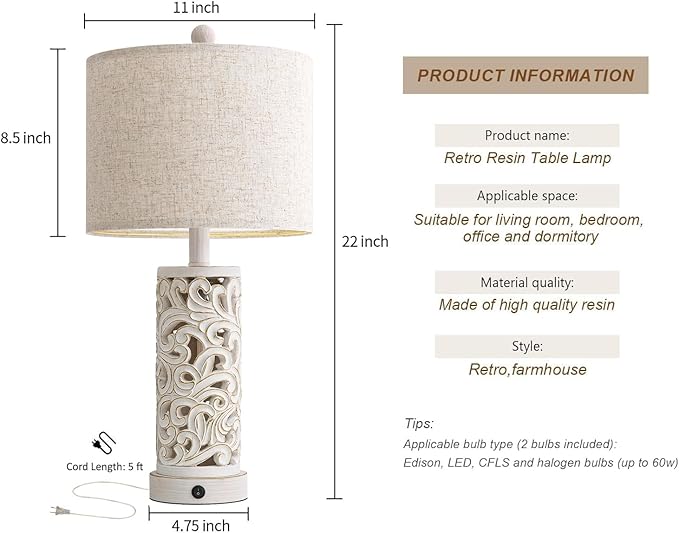 Lámpara de Mesa OYEARS con USB, 22", Incluye Foco, Color Blanco miniatura 5