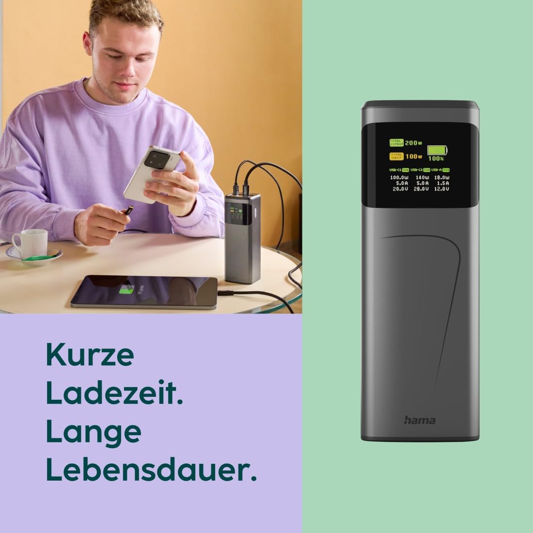 Hama Power Pack „High Power (externer Akku mit 200 Watt Schnellladung, Power Delivery und Quickcharge, 24000 mAh, 2X USB-C, 1x USB-A, Akkuanzeige, kompaktes Reiseformat, Zertifiziert) grau | externer Akku mit 200 Watt, grau, Power Delivery und Quickcharge