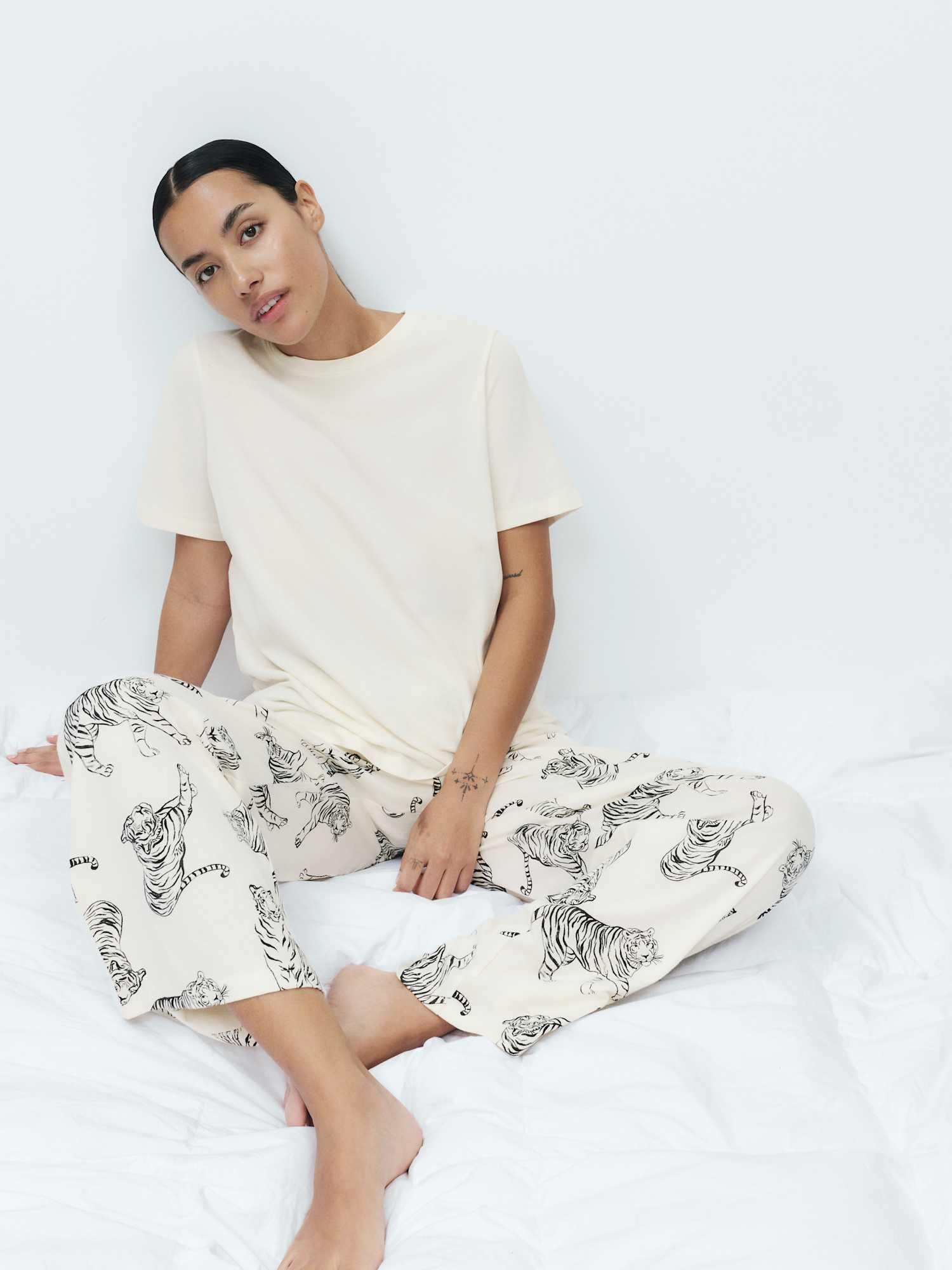 Marks & Spencer Pyjama Imprimé Femme en Pur Coton, Coupe Standard, Taille Élastiquée