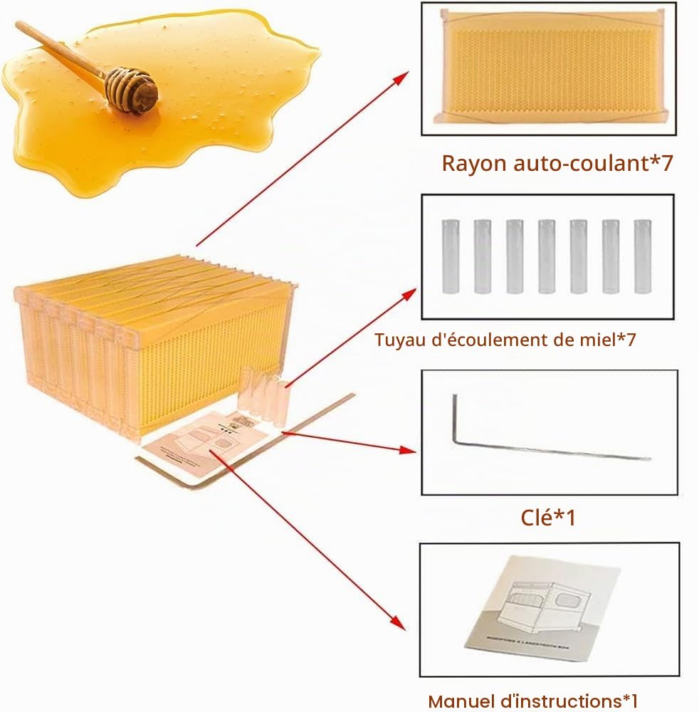 Beehive Kit de ruche automatique en bois avec 7 nids d'abeilles et cadre de qualité alimentaire sans BPA pour débutants et apiculteurs professionnels