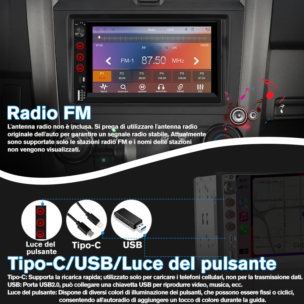 Universale Autoradio 2 DIN con Schermo Wireless CarPlay & Android Auto Bluetooth FM GPS USB Tipo-C Comandi al volante