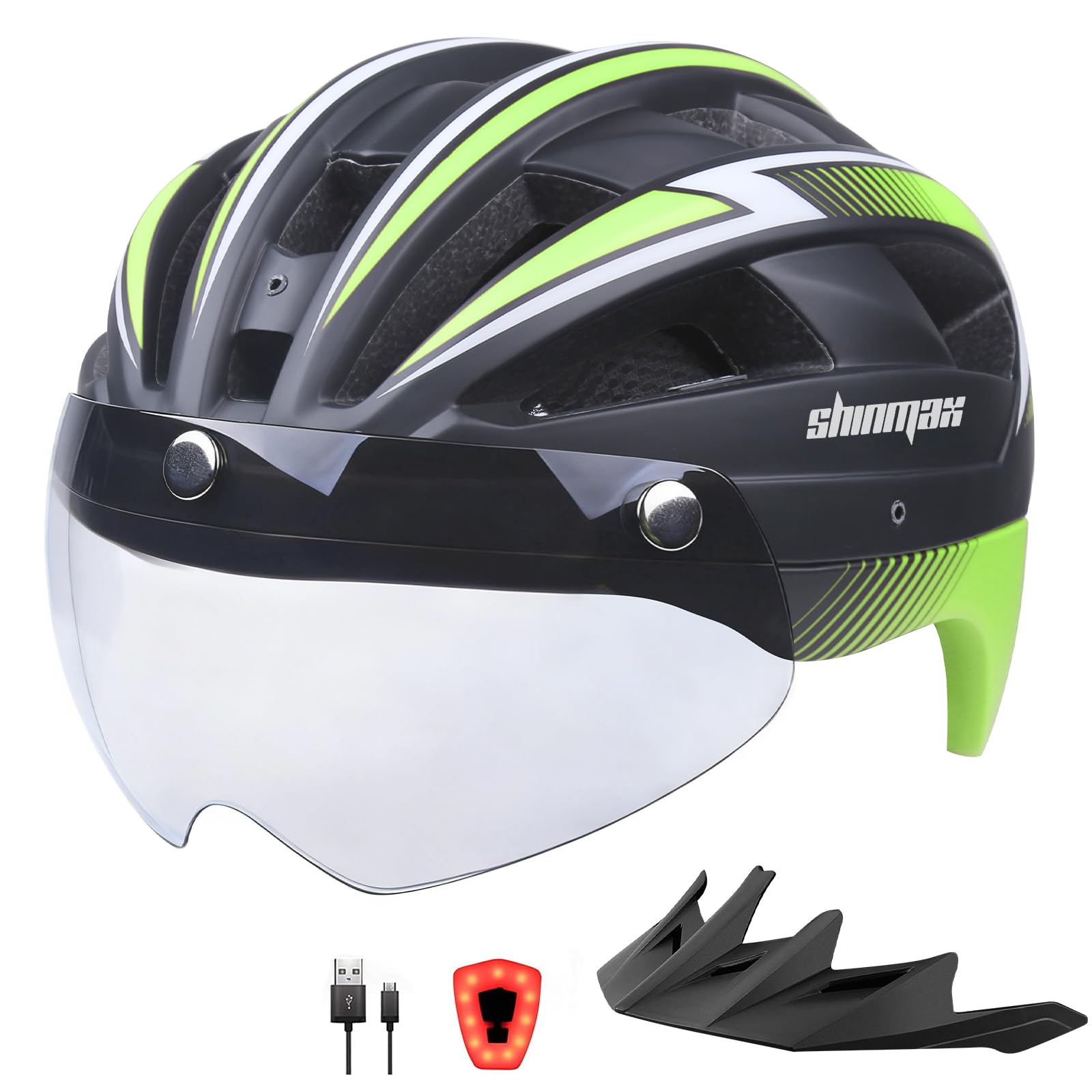 Shinmax Casco Bici Uomo Donna Casco MTB con LED USB Ricaricabile Luce Casco Bici Adulti con Visiera Rimovibile Magnetica Occhiali Casco Ciclismo Unisex Caschi Bicicletta 57-62cm NR-032