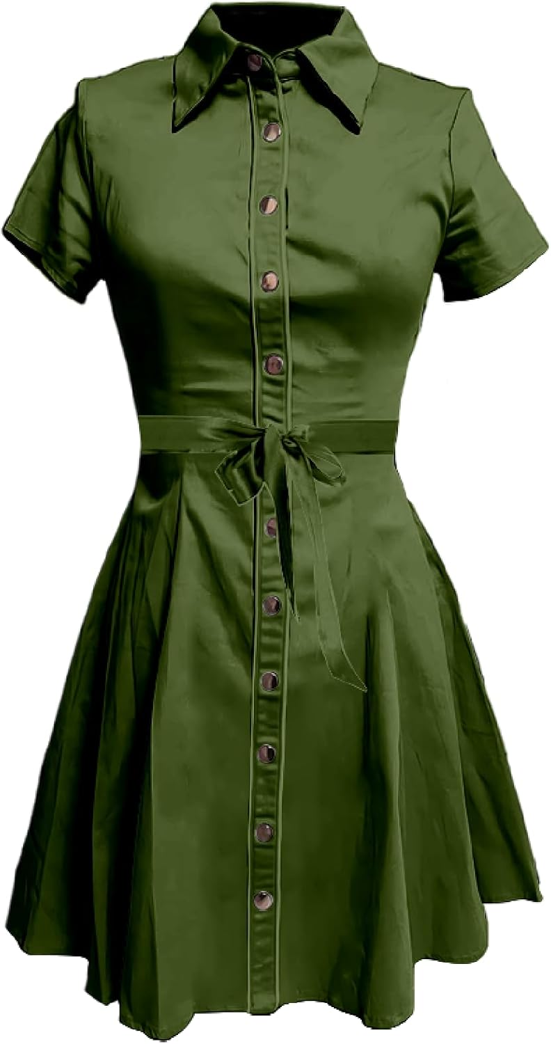 domirica Western Cowgirl Button Down Shirt Dress 1950S Vintage Short Sleeve Slim Fit Sexy Mini Casual Retro Aline Dress