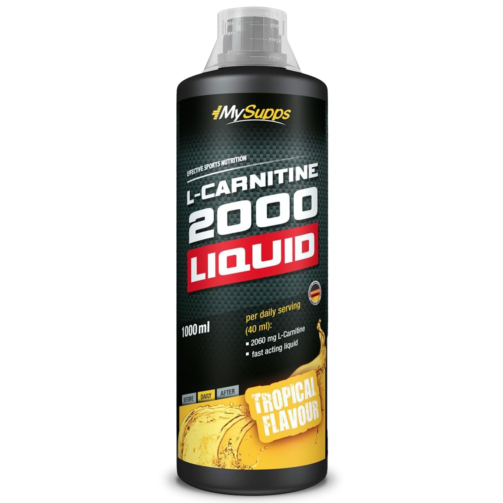 My Supps L-Carnitine Liquid 2000-1000ml - Extra hochdosiert mit 2060mg reinem L-Carnitine & Vitamin B6 pro Portion - leckerer Tropical Geschmack - Vegan, Made in Germany
