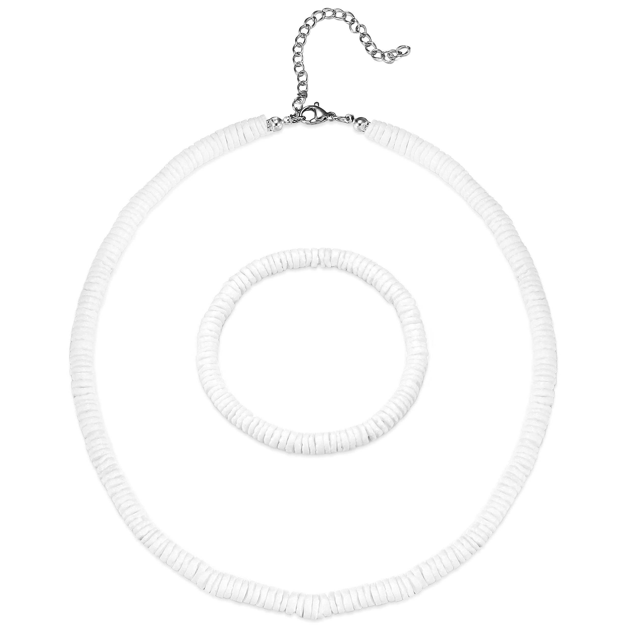 FASACCOPuka Shell Necklace Bracelet Set White Shell Necklace Beach Seashell  Necklace Bracelet Hawaiian Surfer Bracelet Necklace Pookah Shells Necklace